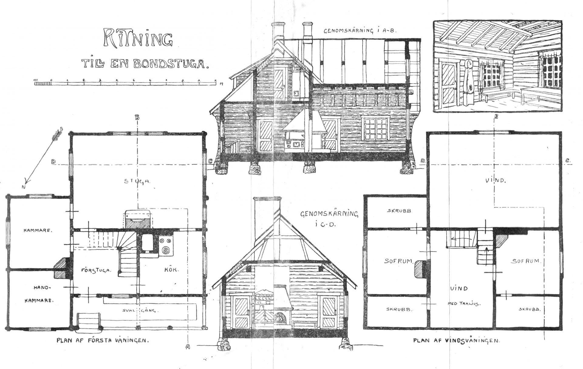 På bilden syns en svartvit illustrtation med ritningar till ett hus.