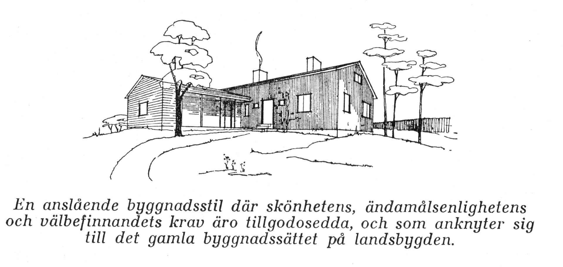 PÅ bilden syns en illustration från en artikel i SFV-kalendern 1945 om Bostadsfrågan på landsbygden.