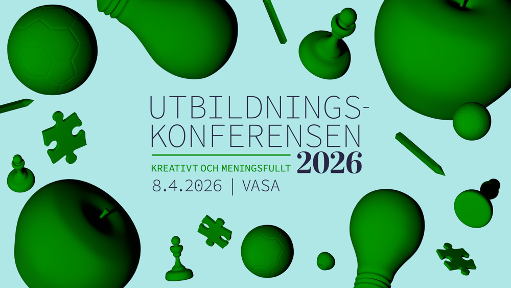 Bilden är en reklambild för Utbildningskonferensen 2026, med text om Kkonferensen på ljusblå bakgrund och med gröna figurer som flyter omkring i luften.
