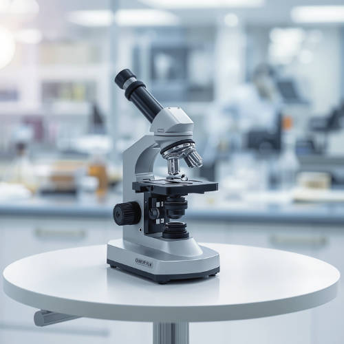 Ett labbmikroskop på ett vitt bord med ett labb i bakgrunden